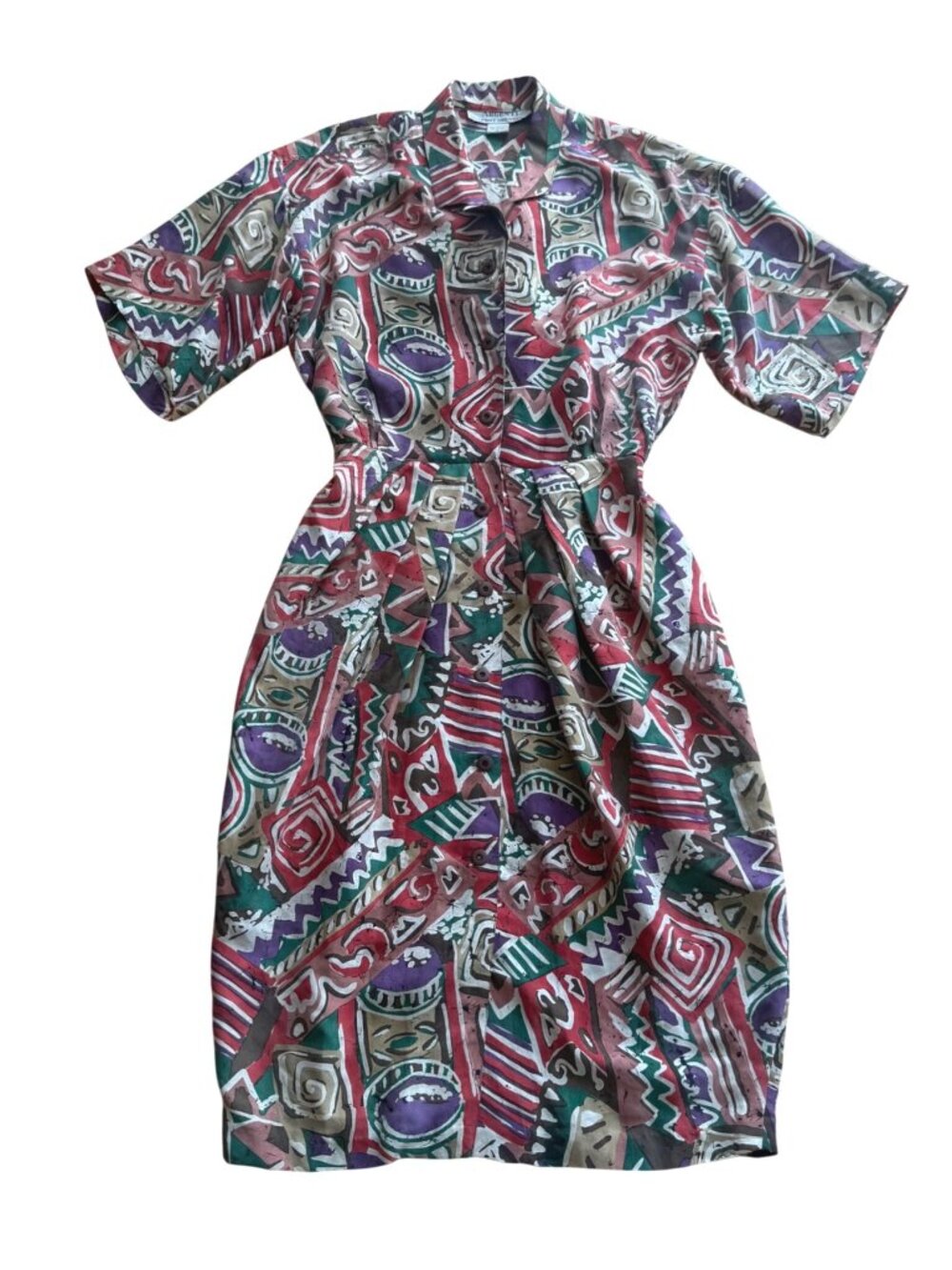 Argenti Women's Shirt Dress 6 Silk 80s Abstract Geometric Button Up Short Sleeve